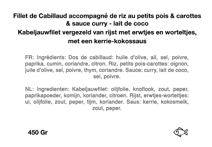 Filet de Cabillaud accompagné de riz au petits pois & carottes & sauce curry - lait de coco
