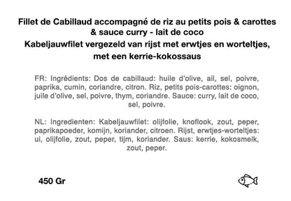 Filet de Cabillaud accompagné de riz au petits pois & carottes & sauce curry - lait de coco
