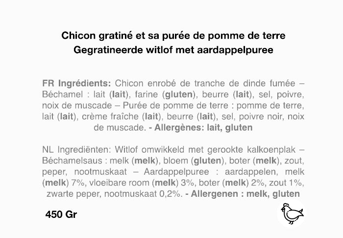 Chicon enrobé de dinde fumé gratiné accompagné de purée de pdt