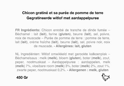 Chicon enrobé de dinde fumé gratiné accompagné de purée de pdt