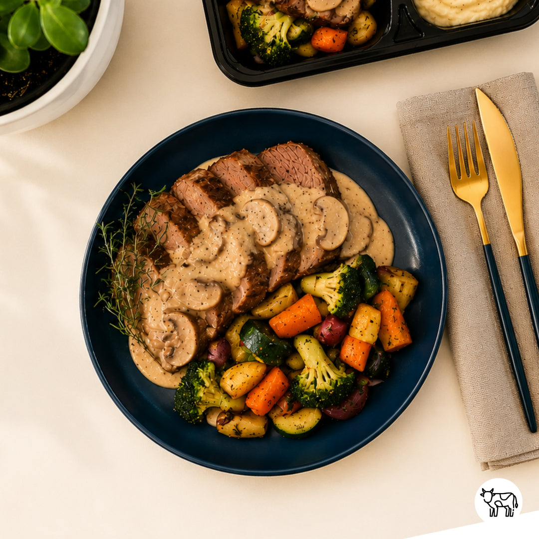 Entrecôte de boeuf & sa sauce champignon accompagné de légumes sautés