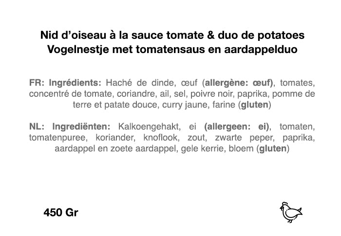 Nid d'oiseau à la sauce tomate & duo de potatoes