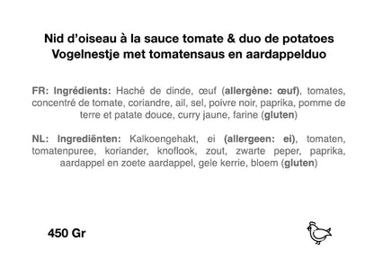 Nid d'oiseau à la sauce tomate & duo de potatoes