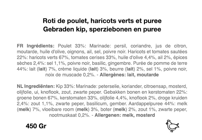 Rôti de poitrine de poulet, haricots et purée de pomme de terre