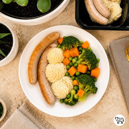 Student_Chipolata de veau, purée de pommes de terre et légumes vapeur