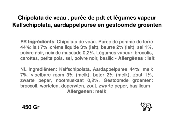 Chipolata de veau, purée de pommes de terre et légumes vapeur