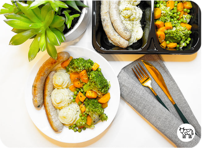 Chipolata de veau, purée de pommes de terre et légumes vapeur