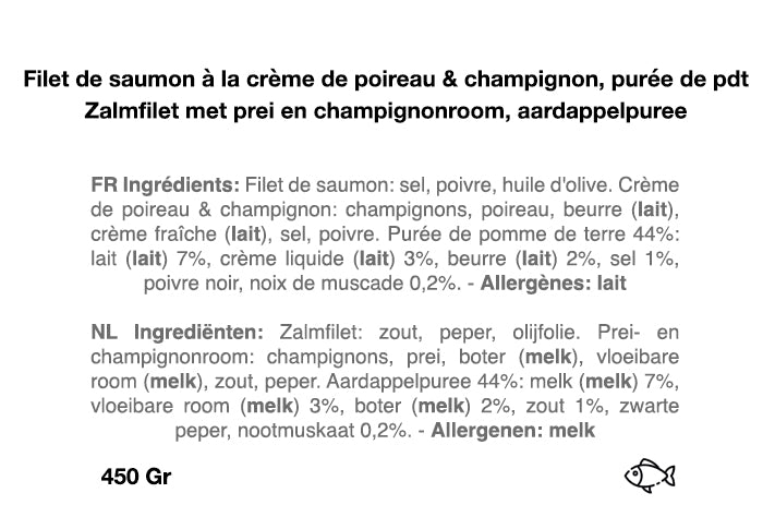 Filet de saumon, crème de poireaux et champignons, purée pdt