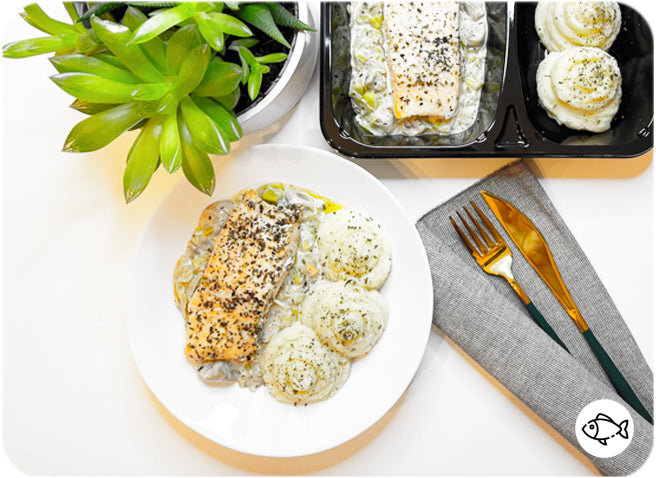 Filet de saumon, crème de poireaux et champignons, purée pdt - box repas So'Bneen