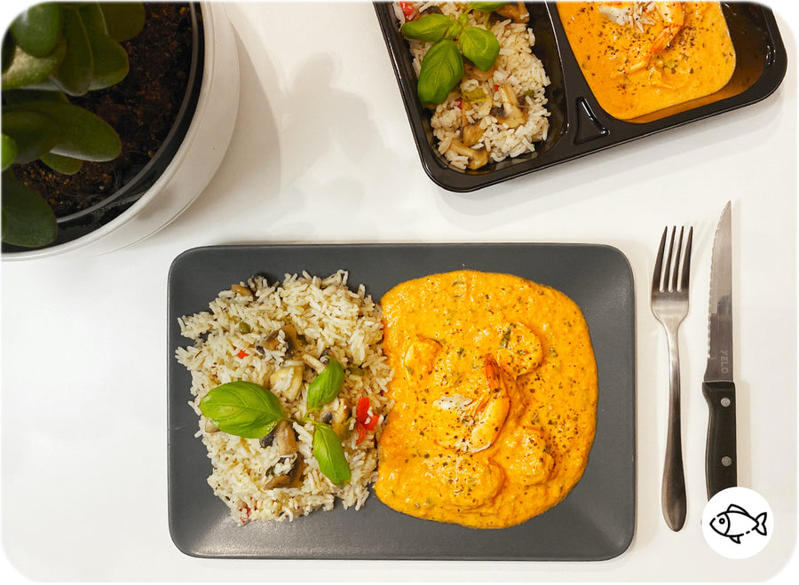 Scampis diabolo accompagné de riz aux légumes - box repas So'Bneen