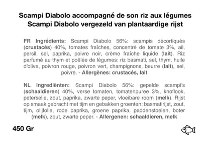 Scampis diabolo accompagné de riz aux légumes