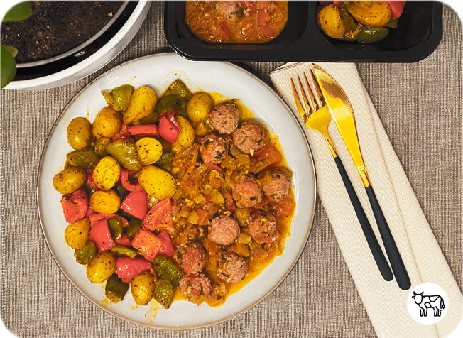 Tajine de kefta accompagné de Poivrons & grenailles roties
